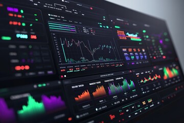 Obraz premium Digital Trading Platform Featuring Floating Stock Market Graphs and Financial Indicators for Real-Time Data Updates 