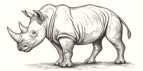 Obraz premium Engraving illustration of a rhinoceros, simple vector line art, white background, isolated on the same layer, high resolution, clipart style, hand-drawn, vintage engraver, 2D design, high contrast, 