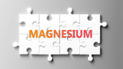 Magnesium complex like a puzzle - pictured as word magnesium on a puzzle pieces to show that magnesium is complex and needs cooperating pieces that fit together. ,3d illustration