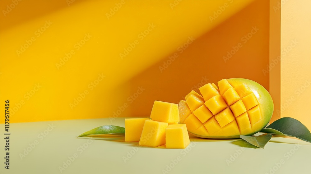 Poster sliced mango fruit with diced pieces levitating on a vibrant yellow and green background creates a v