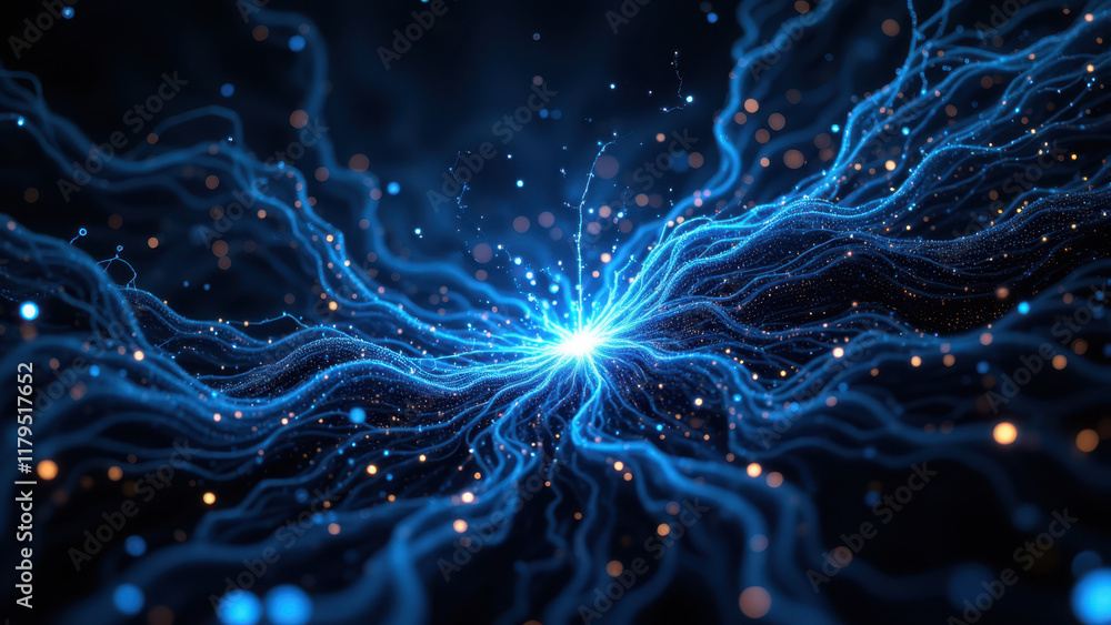 Poster abstract background with vibrant blue light rays and glowing particles.