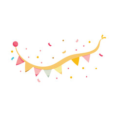 Pink and gold confetti streamer with colorful confetti cascading down isolated flat vector illustration on white background.