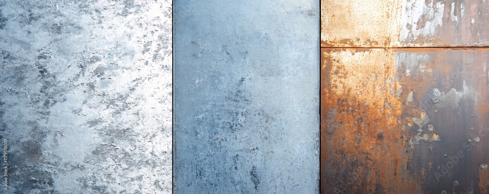 Poster metal sheets showing different stages of oxidation creating an abstract background