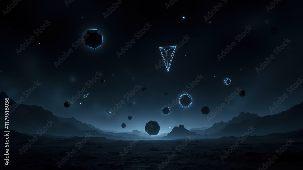 Poster abstract cosmic landscape with floating spheres and digital elements.