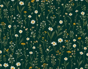 Seamless Floral Pattern: Delicate Daisies and Wildflowers on Dark Green Background