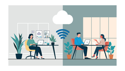 Hybrid work model concept showcasing remote work with cloud tools and office collaboration. Highlights flexibility, seamless cloud connectivity, modern workplace trends, and tech-driven productivity