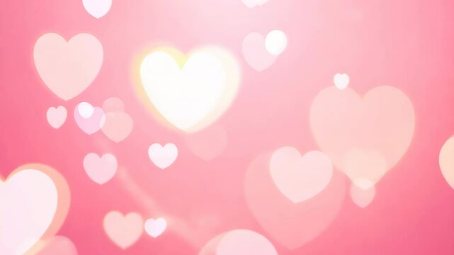 Pink background with bokeh floating hearts. Romantic love design for Valentine's Day, wedding celebration. Blank empty space for text backdrop. 8 march women day