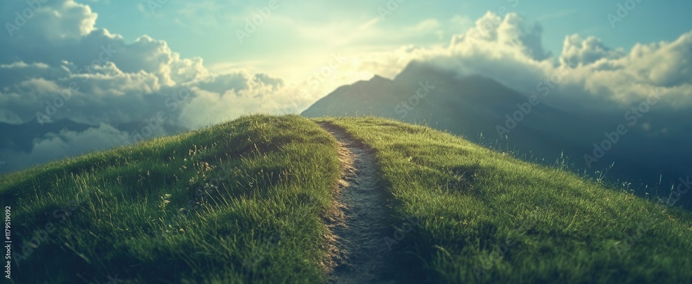 Poster a mountain range with a path leading up to it. the path is surrounded by lush green grass and the sk