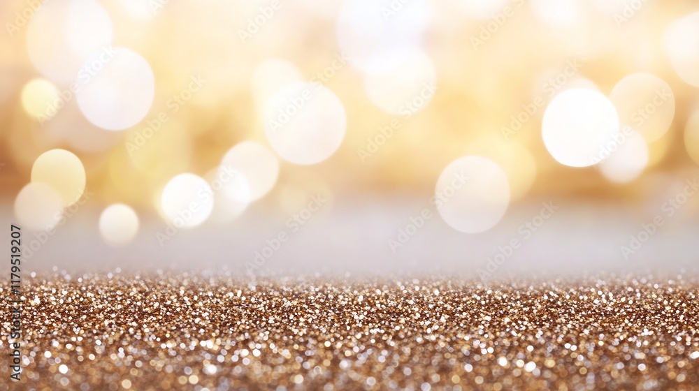 Poster golden glitter dust floating in soft light with blurred background and copy space for luxury and