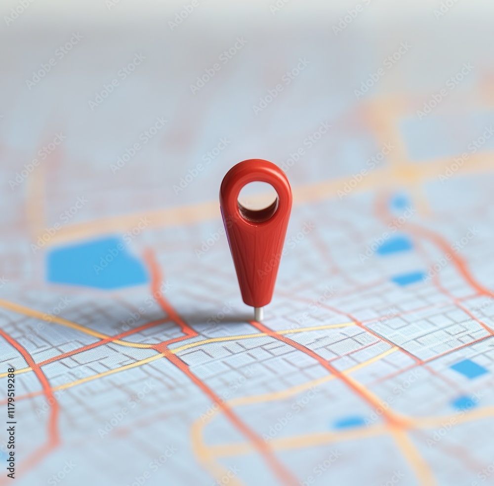 Poster a red pin is on a map of a city. the pin is pointing to a location. the map is drawn on a white back