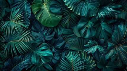Fototapeta premium A dense arrangement of tropical leaves in varying shades of green.
