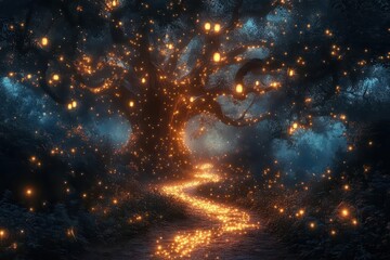 Obraz premium enchanted mystical forest path through ancient glowing trees with fireflies dancing in moonlight, fantasy woodland digital art illustration