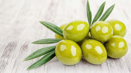 watercolor Vibrant green olives with glossy texture on wooden surface isolated design on white background