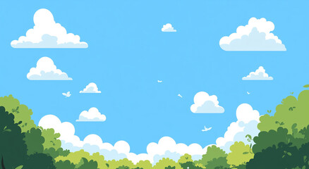 Bright Sky With Fluffy Clouds And Green Foliage Digital Background
