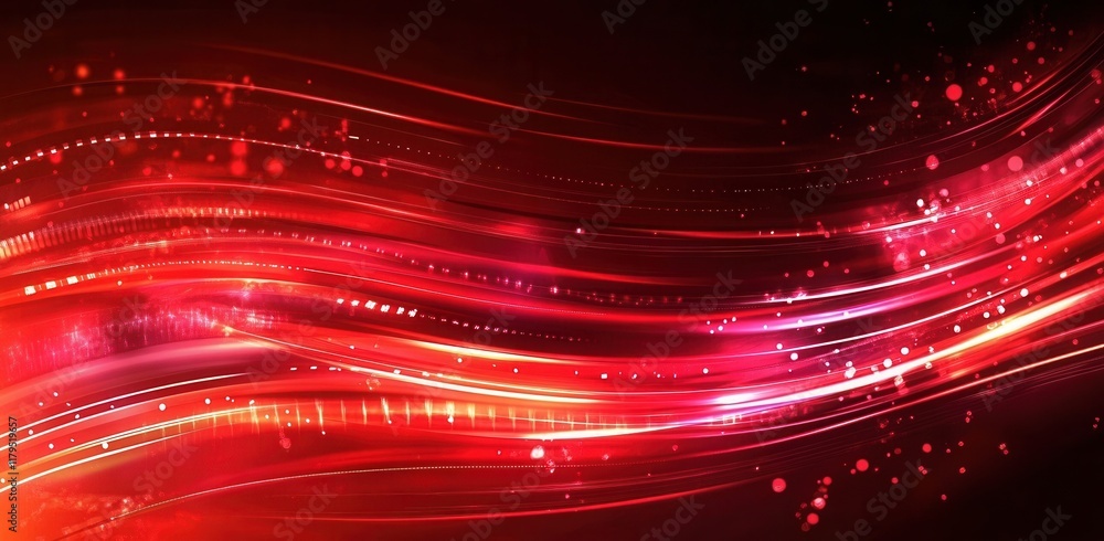 Poster a red wave with a lot of dots and lines. the wave is very long and it looks like it is moving. tech 