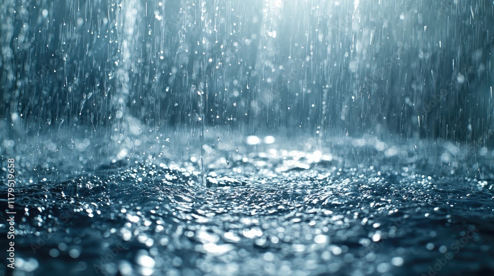 Poster abstract rain: a captivating macro view of water droplets falling and creating a mesmerizing surface