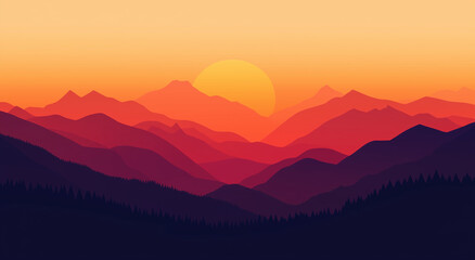 Fototapeta premium Sunset Landscape With Mountain Silhouettes And Gradient Colors For Tranquil Atmosphere