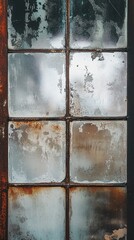 Rusty metal grid dividing dirty window panes showing signs of age and neglect