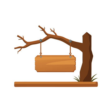 recommend clip art: Wooden sign hanging from a tree branch isolated flat vector illustration on white background.