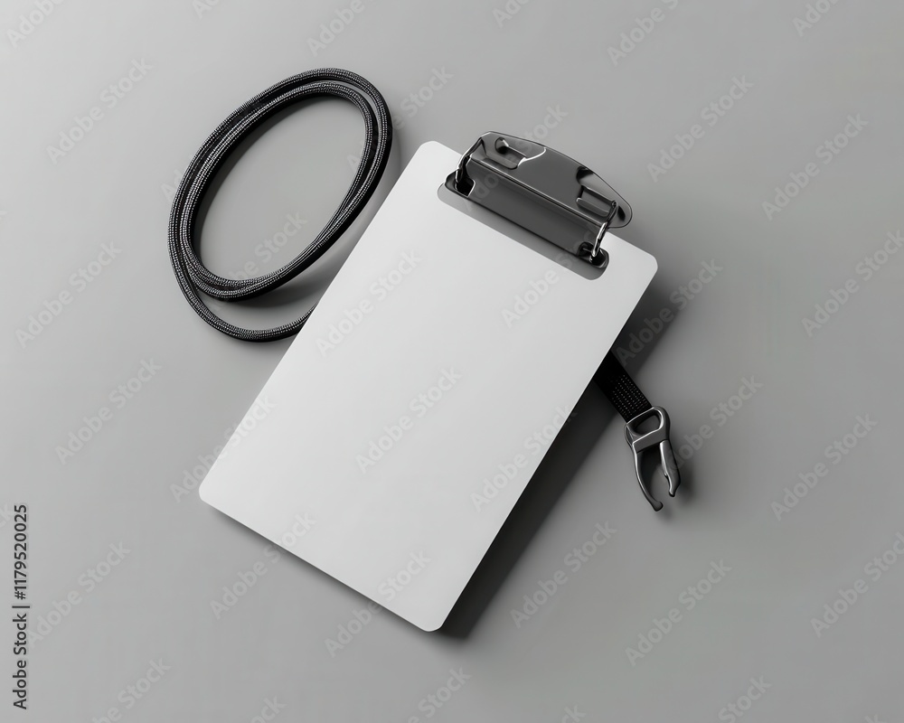 Poster a white clipboard with a black cord hanging from it. the clipboard is empty. the clipboard and cord 
