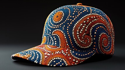 Fototapeta premium Colorful Aboriginal-inspired baseball cap on dark background.