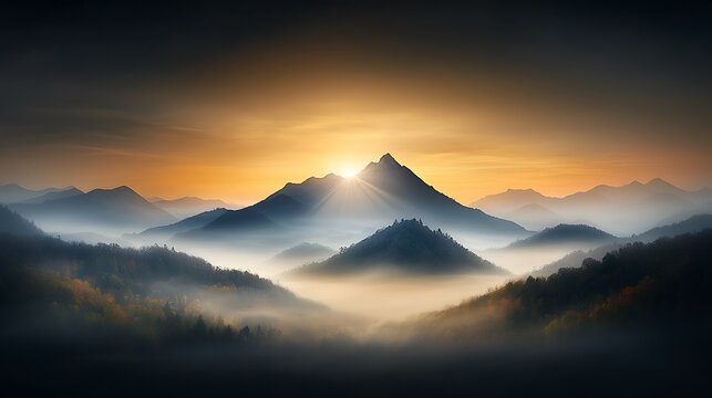 An expansive mountain range at sunrise casting golden light over rugged peaks while mist rises from valleys below creating an awe-inspiring natural landscape , Ultra-Realistic , Photo Realistic 