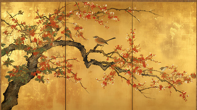 Japan, Japanese pattern, art, folding screen picture, gold, wabi, rust, Japanese spirit, Japanese painting, ink painting, ink painting, classic, ancient art, nightingale, bird, plant, vase, flower, 