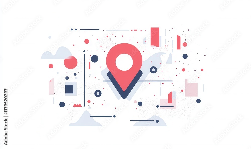 Poster a map with a red dot on it. the map is filled with many different shapes and lines