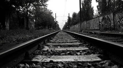 Fototapeta premium Monochromatic Railroad Tracks Vanishing into the Distance