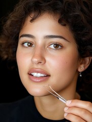 Obraz premium Woman Removing Facial Hair - Close up of a young woman using tweezers, representing beauty, self-care, skincare, precision, and confidence.