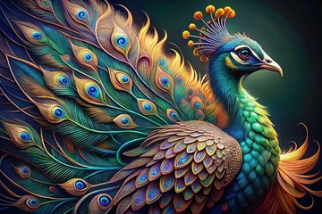 Fototapeta premium Elegant Peacock Feather Drawing, Artistic Bird Illustration, Colorful Ink Sketch