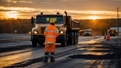 Road worker guiding construction vehicles during a vibrant sunset on a busy highway, showcasing teamwork and dedication to infrastructure improvement
