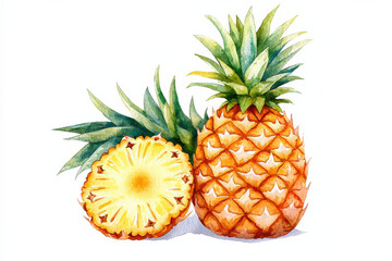 watercolor Watercolor illustration of golden yellow pineapple with green leaves isolated design on white background