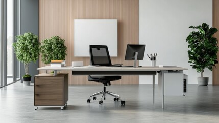 Fototapeta premium A modern office desk with a laptop, monitor, and plant. sleek, minimal design features open space, technology and productivity. room is empty, offering a clean and organized workspace