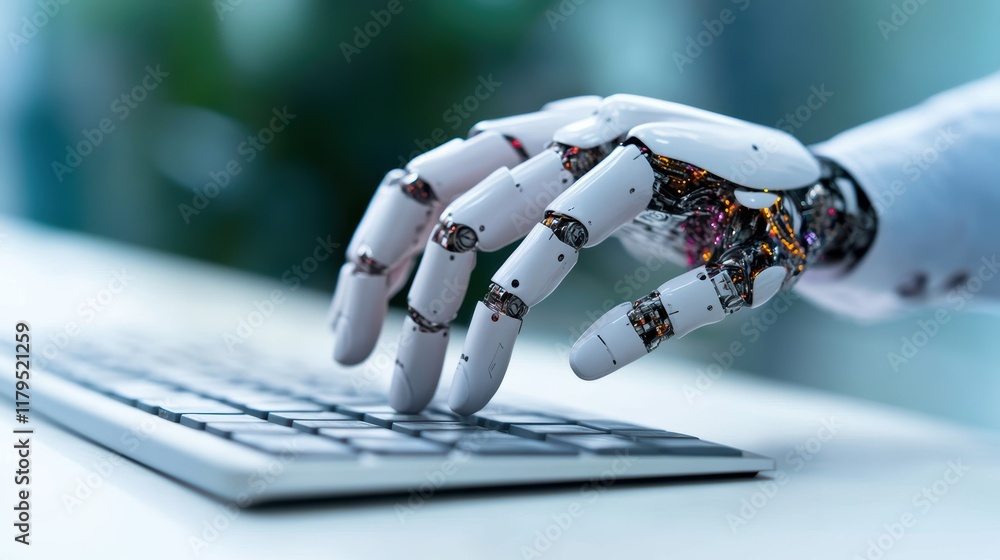 Poster futuristic robot hand skillfully interacting with a modern keyboard in a high-tech environment showc