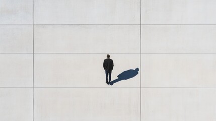 Fototapeta na wymiar Man in suit standing on large tiled surface, shadow cast.