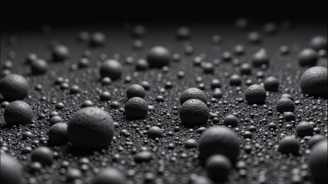A mesmerizing close-up of intricately arranged black spheres, each one unique in size, set against a glistening black backdrop speckled with tiny water droplets