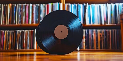 Two vinyl records rest on a wooden floor, with a bookshelf filled with books in the background. A scene of calm and nostalgic atmosphere.