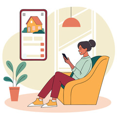 A women sitting in a living room and using phone  illustration