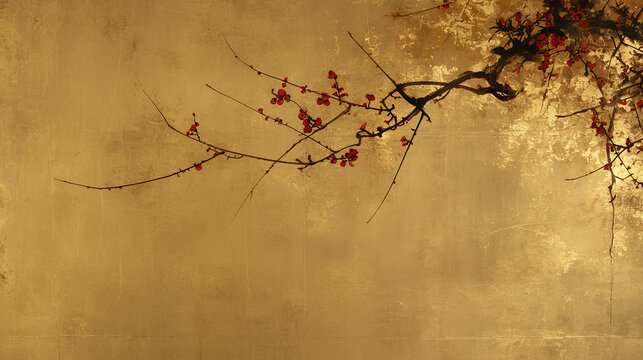 Japan, Japanese pattern, art, folding screen picture, gold, wabi, rust, Japanese spirit, Japanese painting, ink painting, ink painting, classic, ancient art, nightingale, bird, plant, vase, flower, 