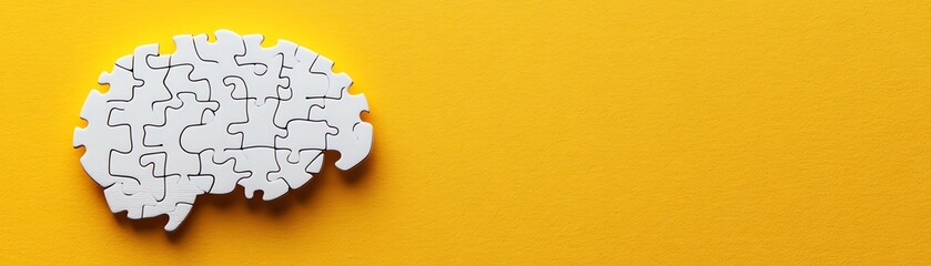 Obraz premium white brainshaped jigsaw puzzle on yellow background, symbolizing mental health and memory issues, banner design, vibrant digital illustration, health awareness theme