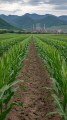 Fototapeta premium Corn plants grow vibrantly in a field while an oil and gas factory looms in the background, showcasing nature meeting industry