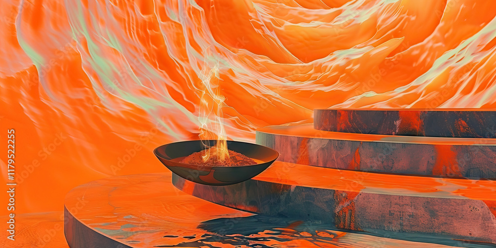 Poster embers in bowl on concentric platforms with abstract background