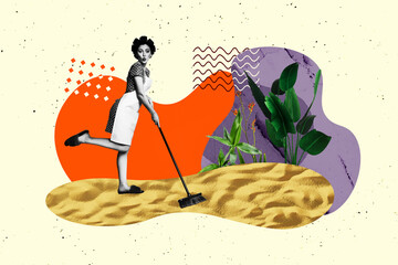 Composite sketch image design trend artwork collage of young lady housewife clean floor hand hold...