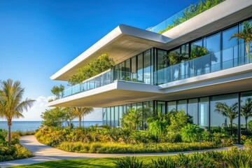 Fototapeta premium A sleek coastal residence with dramatic cantilevered balconies, clear glass walls, and tropical landscaping