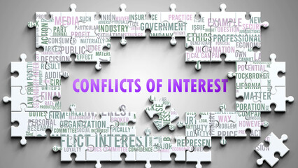 Conflicts Of Interest as a complex subject, related to important topics. Pictured as a puzzle surrounded by most important ideas and phrases related to conflicts of interest. ,3d illustration