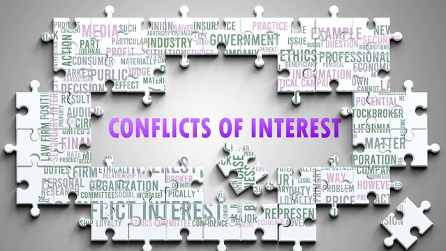 Conflicts Of Interest as a complex subject, related to important topics. Pictured as a puzzle surrounded by most important ideas and phrases related to conflicts of interest. ,3d illustration