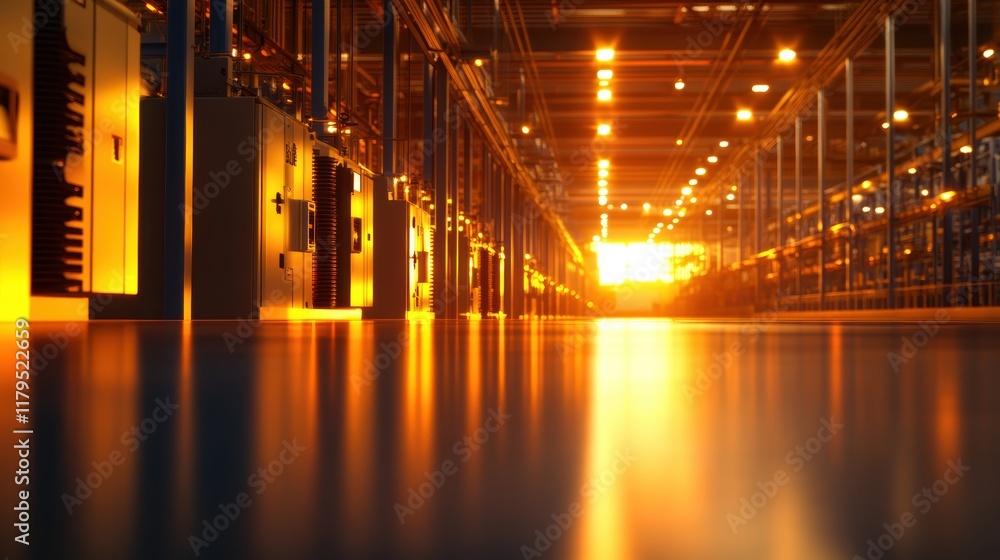 Poster impressive array of high-tech servers forming a long line in a modern data center with bright led li