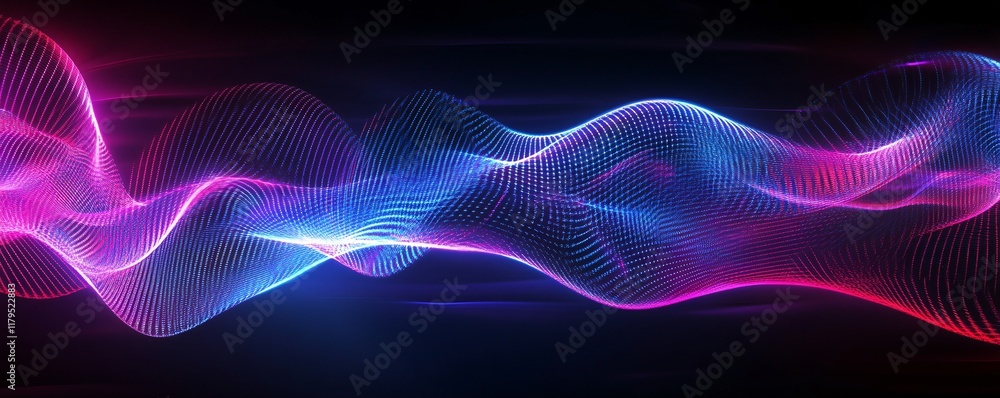 Poster abstract futuristic wave flowing in cyberspace with glowing particles