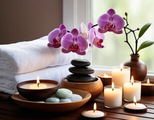 Serene Spa Scene: Tranquil Relaxation with Candles, Orchids, and Stones